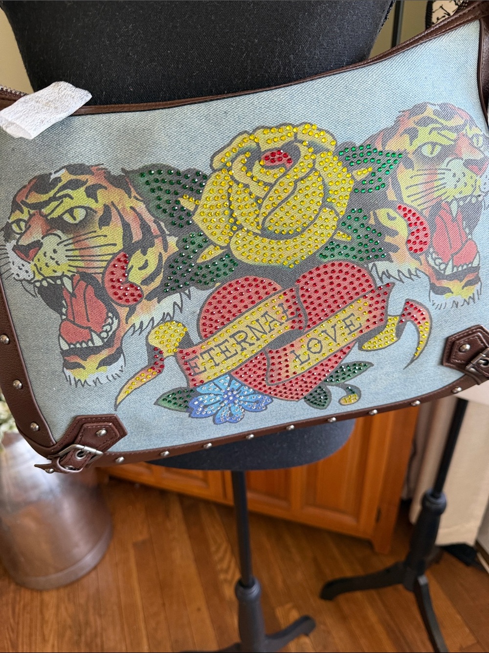Ed Hardy Shoulder Bag with Tiger, Rose & Heart Stud Embellishments